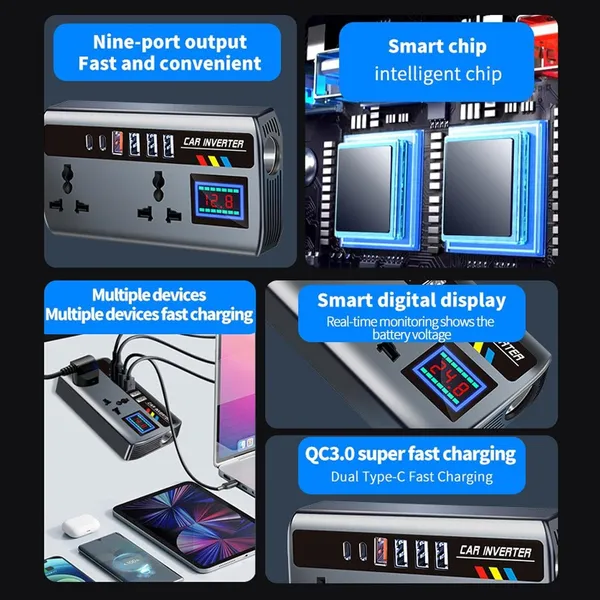 200w_Car_Power_Inverter_Laptop_Charger_With_4_Usb_2_C_Type_1_27wpd_Smart_Usb_Ports_2_Ac_Universal_Outlets_And_12v_24v_Dc_To_220v_Ac_With_Qc3_0_4_Usb_Type_A_Qc3_0_2_Type_C