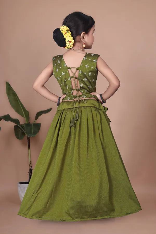 Olive_Green_Georgette_Floral_Print_Flared_Lehenga_Choli_Set_For_Girls