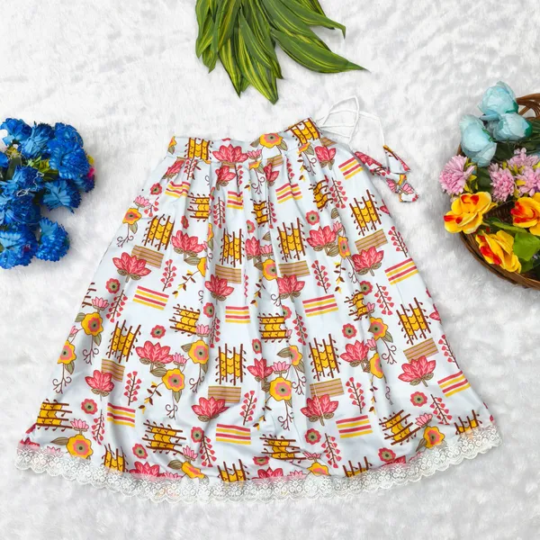White_Rayon_Floral_Print_Flared_Skirt_Set_For_Girls