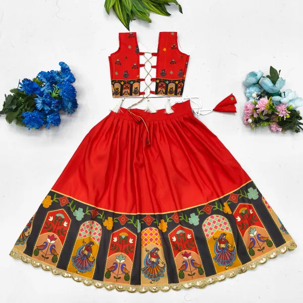 Red_Rayon_Flared_Lehenga_Choli_Set_For_Girls
