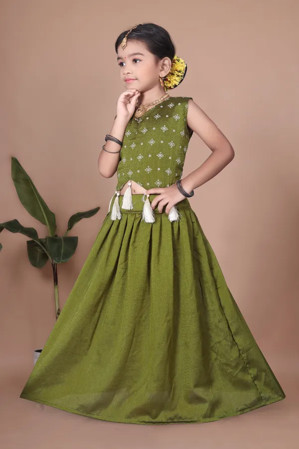 Olive_Green_Georgette_Floral_Print_Flared_Lehenga_Choli_Set_For_Girls