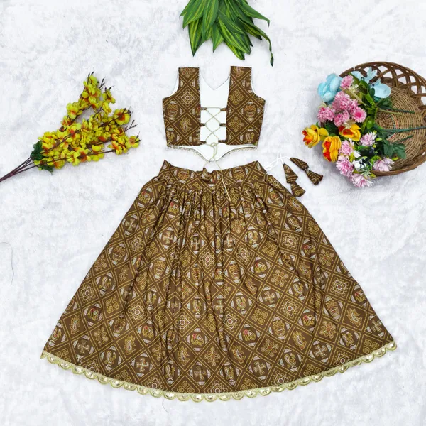 Khaki_Rayon_Flared_Lehenga_Choli_Set_For_Girls