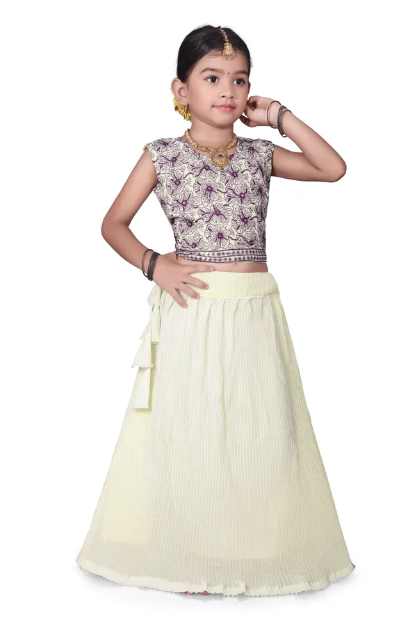 Cream_Georgette_Floral_Print_Flared_Lehenga_Choli_Set_For_Girls