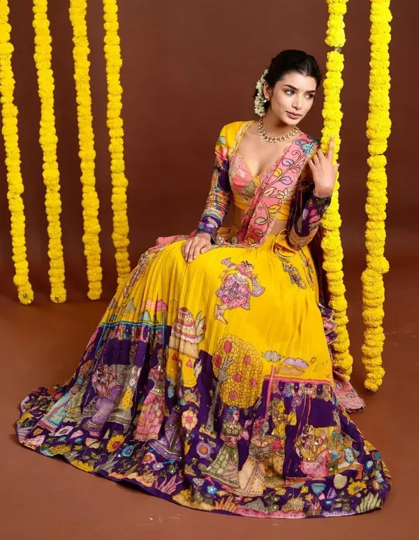 Yellow_Silk_Kalamkari_Printed_Lehenga_Choli_Set_For_Women