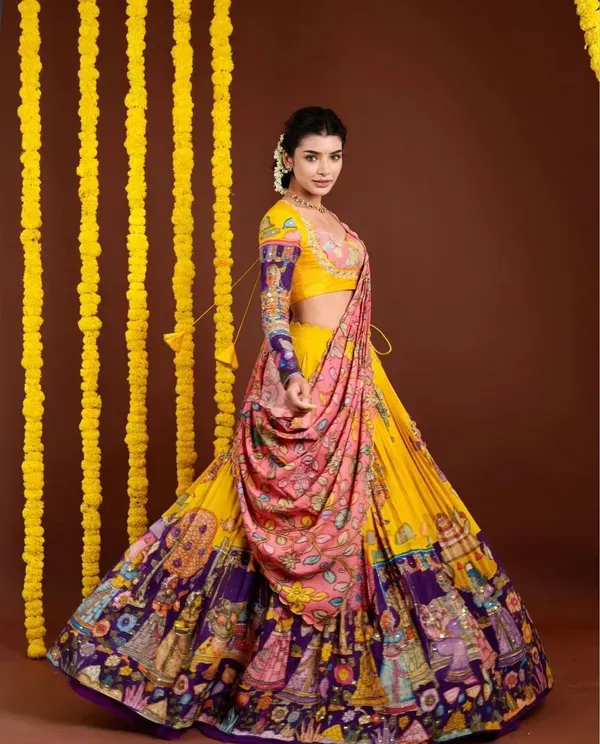 Yellow_Silk_Kalamkari_Printed_Lehenga_Choli_Set_For_Women