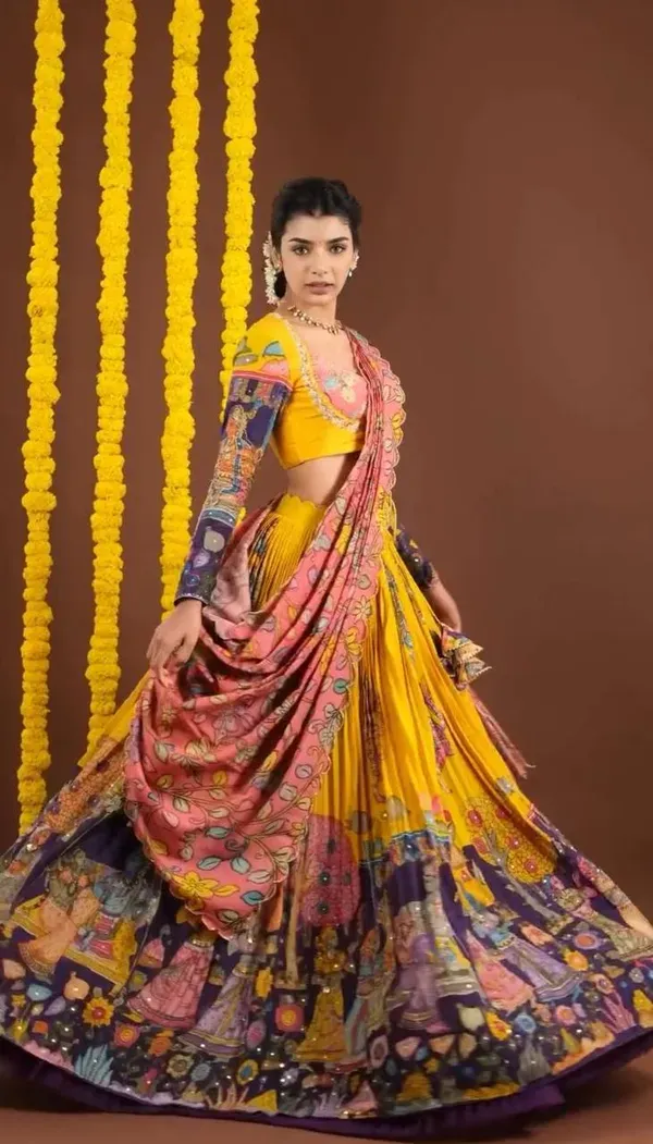 Yellow_Silk_Kalamkari_Printed_Lehenga_Choli_Set_For_Women