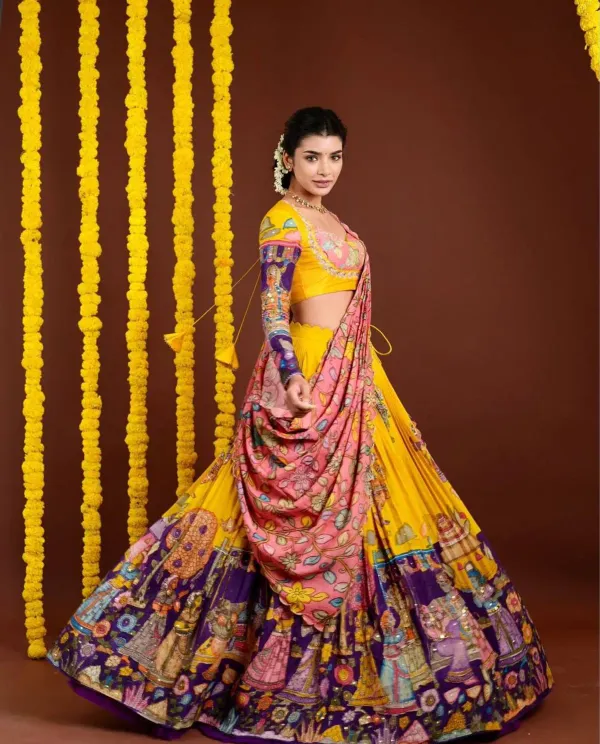 Yellow_Silk_Kalamkari_Printed_Lehenga_Choli_Set_For_Women