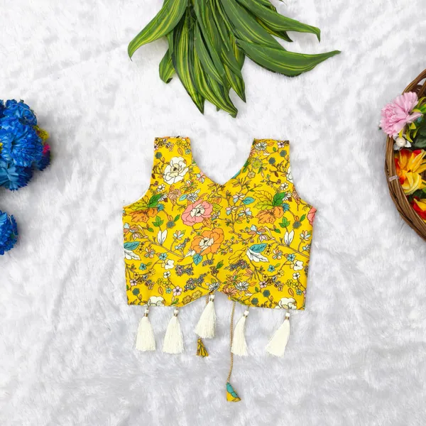 Yellow_Rayon_Floral_Print_Sleeveless_Lehenga_Choli_Set_For_Girls