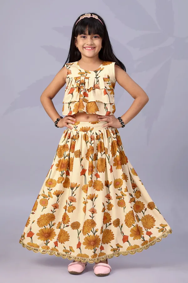 Cream_Rayon_Floral_Print_Sleeveless_Lehenga_Choli_Set_For_Girls