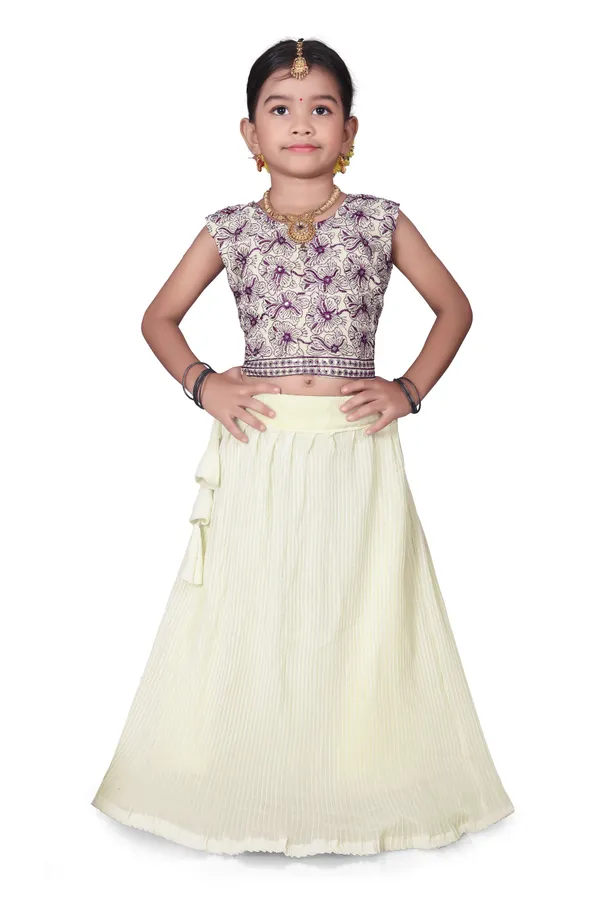 Cream_Georgette_Floral_Print_Flared_Lehenga_Choli_Set_For_Girls
