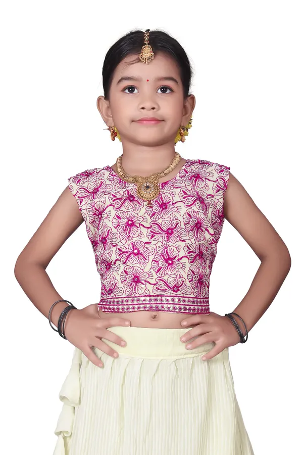 Cream_Georgette_Floral_Print_Flared_Lehenga_Choli_Set_For_Girls
