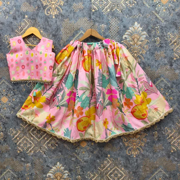 Pink_Rayon_Floral_Print_Flared_Lehenga_Choli_Set_For_Girls