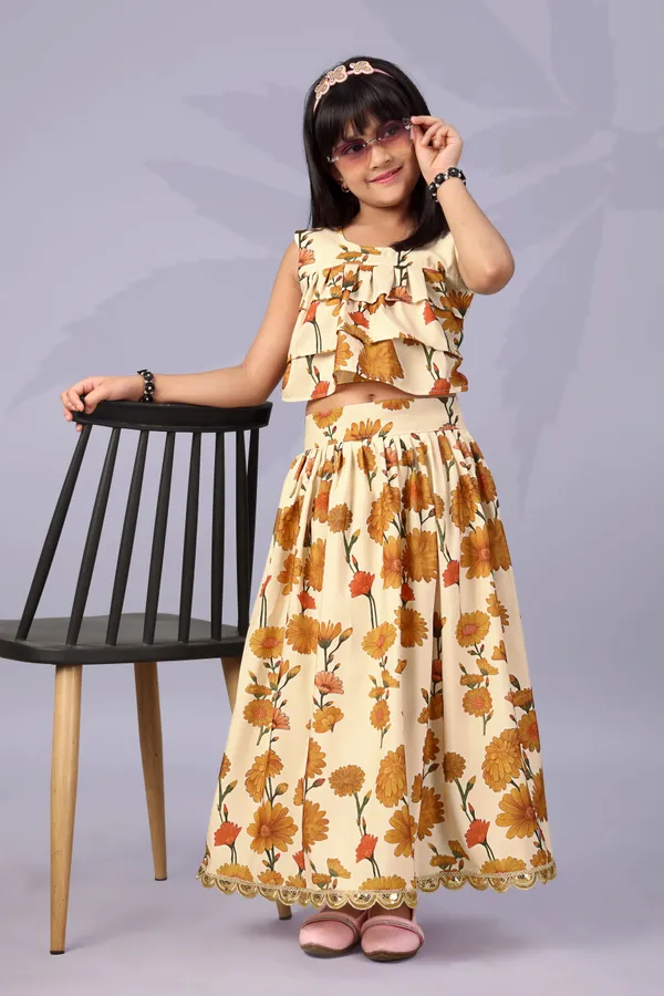 Cream_Rayon_Floral_Print_Sleeveless_Lehenga_Choli_Set_For_Girls