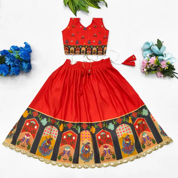Red_Rayon_Flared_Lehenga_Choli_Set_For_Girls