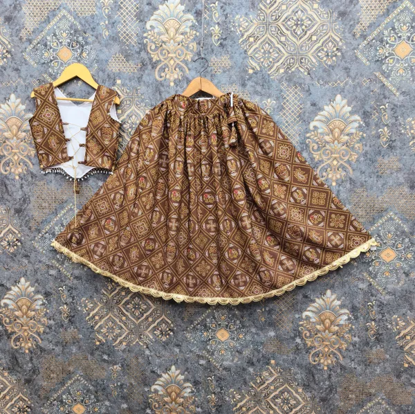 Khaki_Rayon_Flared_Lehenga_Choli_Set_For_Girls