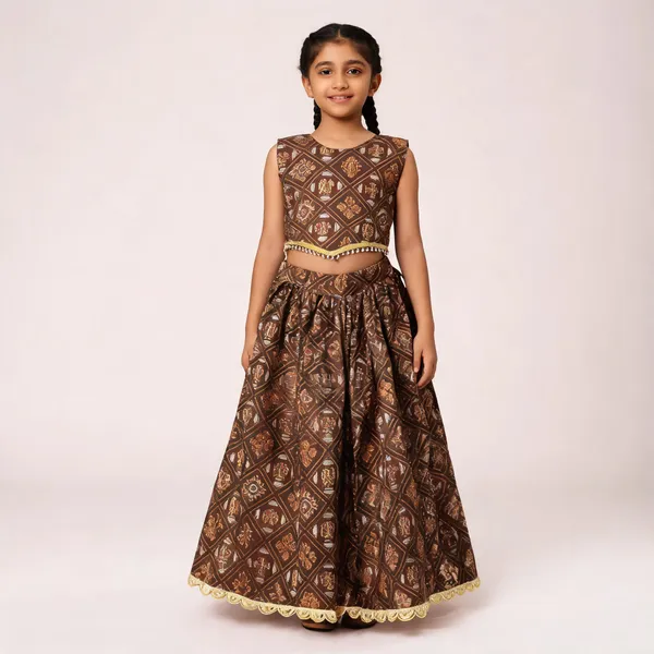 Brown_Rayon_Flared_Lehenga_Choli_Set_For_Girls