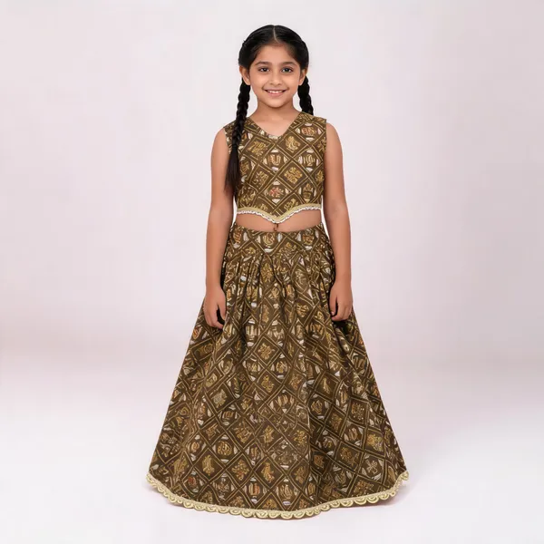 Khaki_Rayon_Flared_Lehenga_Choli_Set_For_Girls