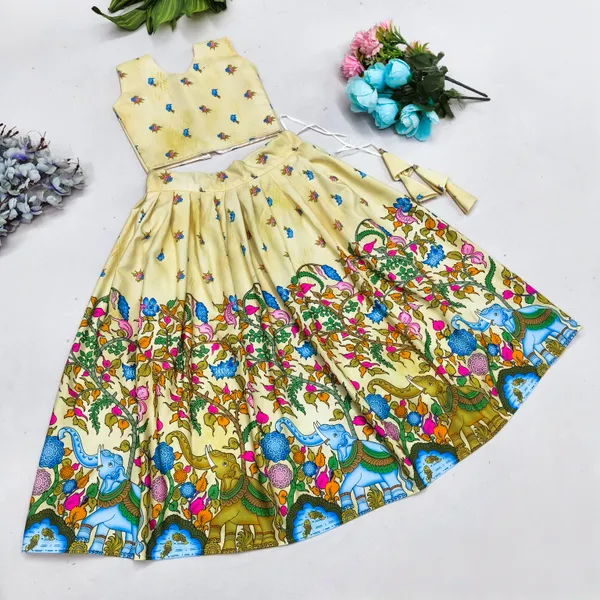 Yellow_Rayon_Floral_Print_Flared_Lehenga_Choli_Set_For_Girls