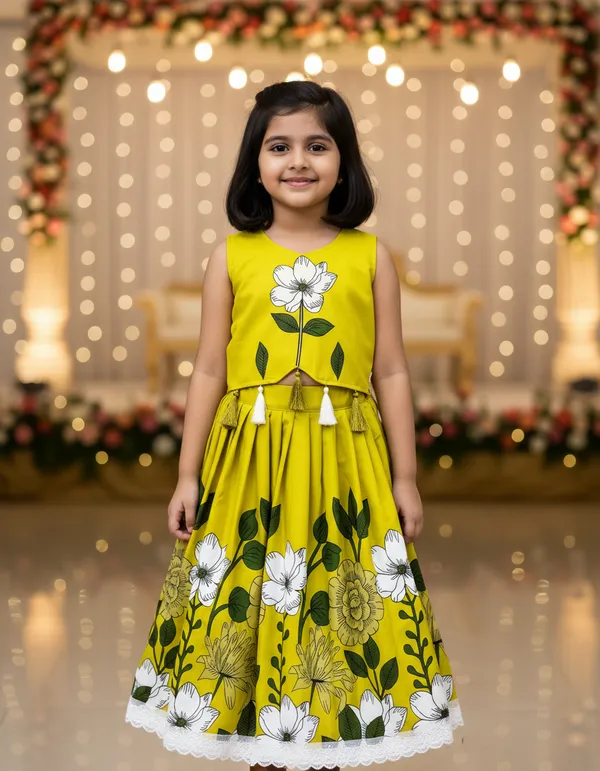 Yellow_Rayon_Floral_Print_Sleeveless_Lehenga_Choli_Set_For_Girls