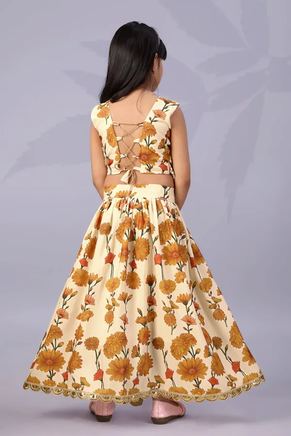 Cream_Rayon_Floral_Print_Sleeveless_Lehenga_Choli_Set_For_Girls