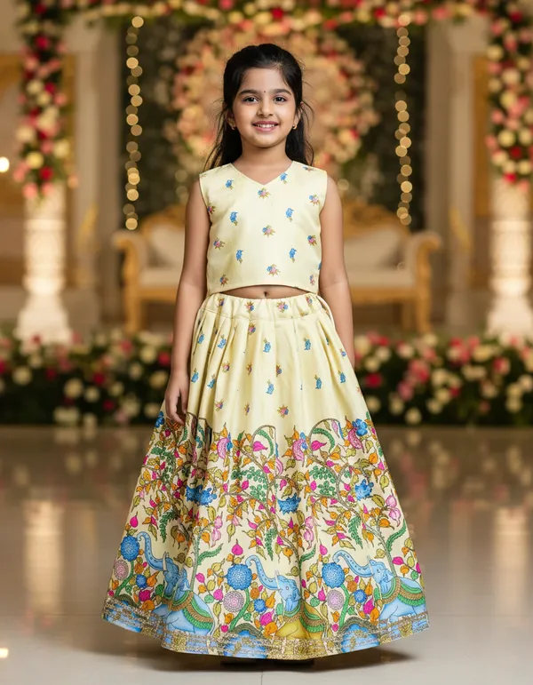 Yellow_Rayon_Floral_Print_Flared_Lehenga_Choli_Set_For_Girls