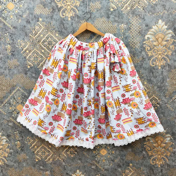 White_Rayon_Floral_Print_Flared_Skirt_Set_For_Girls