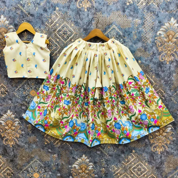 Yellow_Rayon_Floral_Print_Flared_Lehenga_Choli_Set_For_Girls
