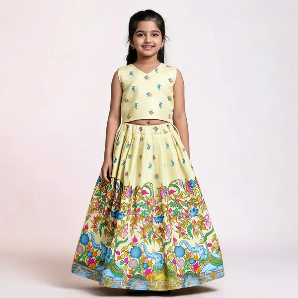 Yellow_Rayon_Floral_Print_Flared_Lehenga_Choli_Set_For_Girls