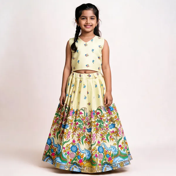 Yellow_Rayon_Floral_Print_Flared_Lehenga_Choli_Set_For_Girls