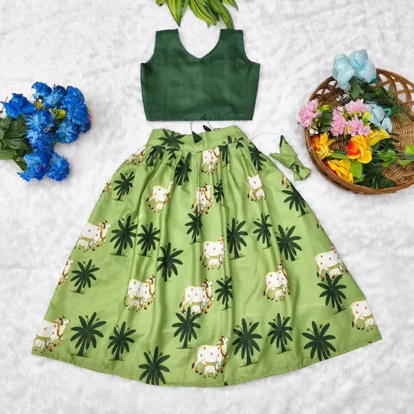 Green_Rayon_Flared_Printed_Lehenga_Choli_Set_For_Girls