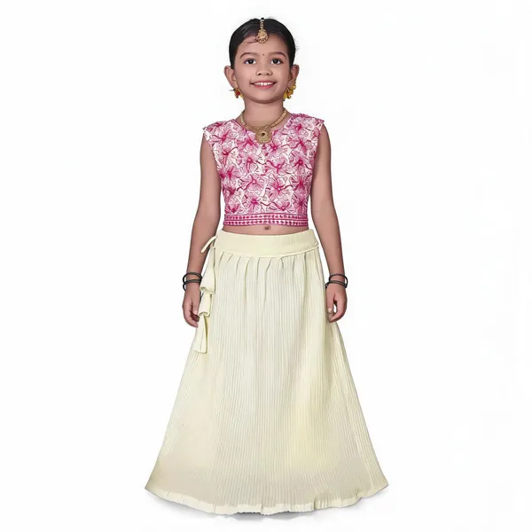 Cream_Georgette_Floral_Print_Flared_Lehenga_Choli_Set_For_Girls