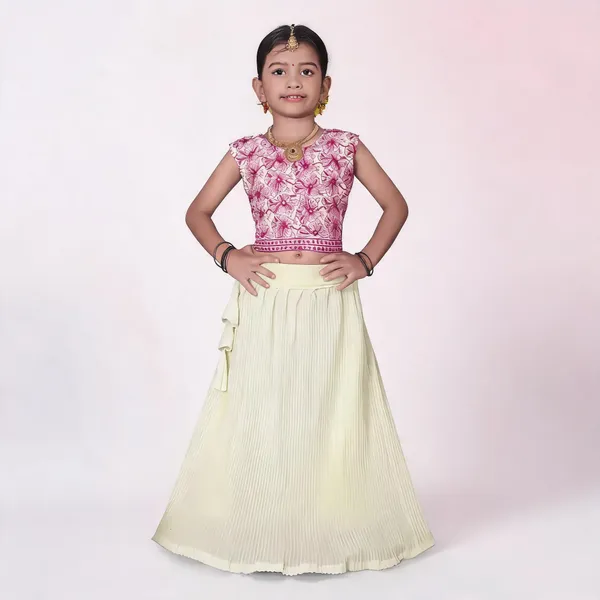Cream_Georgette_Floral_Print_Flared_Lehenga_Choli_Set_For_Girls