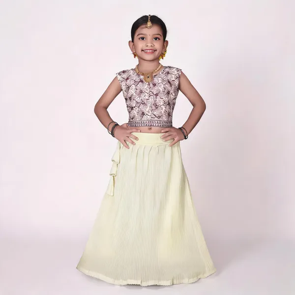 Cream_Georgette_Floral_Print_Flared_Lehenga_Choli_Set_For_Girls