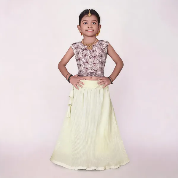 Cream_Georgette_Floral_Print_Flared_Lehenga_Choli_Set_For_Girls
