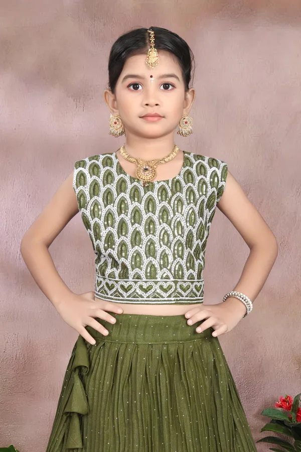 Olive_Green_Georgette_Flared_Lehenga_Choli_Set_For_Girls