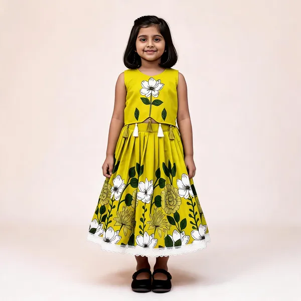 Yellow_Rayon_Floral_Print_Sleeveless_Lehenga_Choli_Set_For_Girls