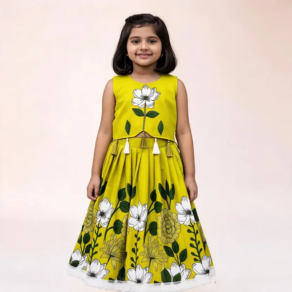 Yellow_Rayon_Floral_Print_Sleeveless_Lehenga_Choli_Set_For_Girls