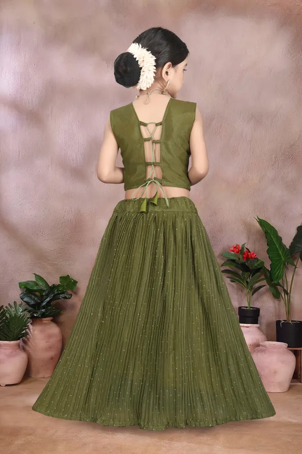 Olive_Green_Georgette_Flared_Lehenga_Choli_Set_For_Girls