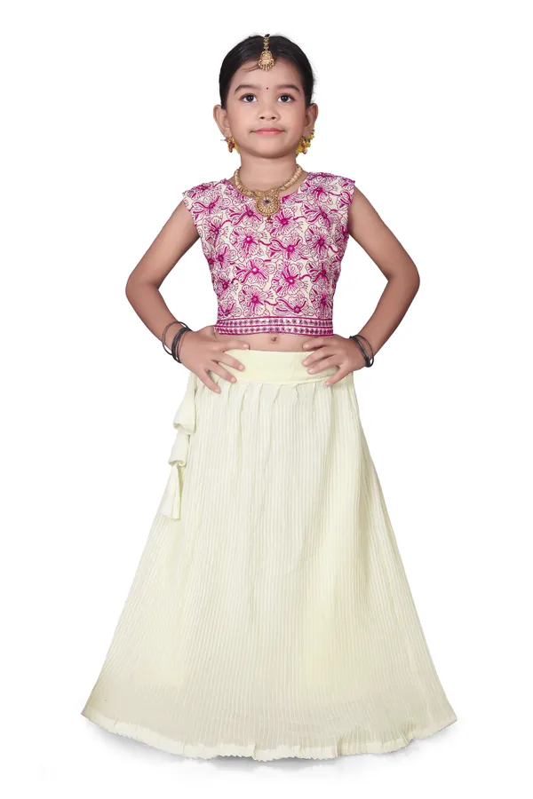 Cream_Georgette_Floral_Print_Flared_Lehenga_Choli_Set_For_Girls