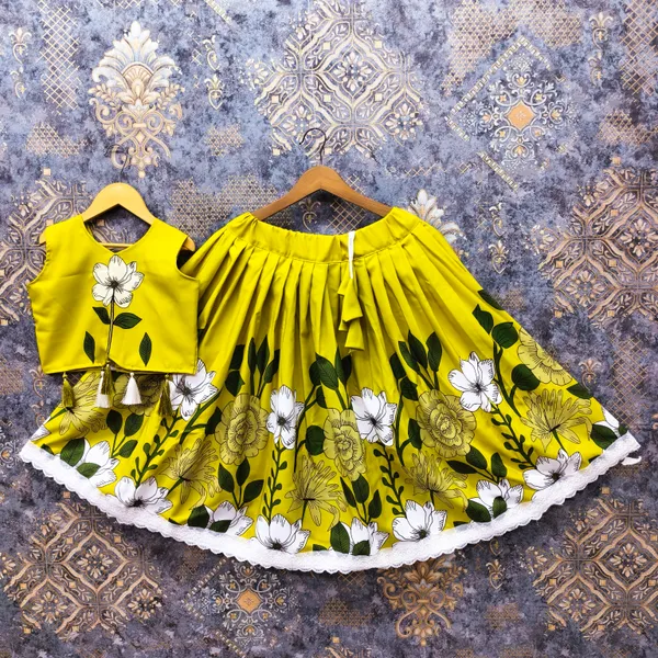 Yellow_Rayon_Floral_Print_Sleeveless_Lehenga_Choli_Set_For_Girls