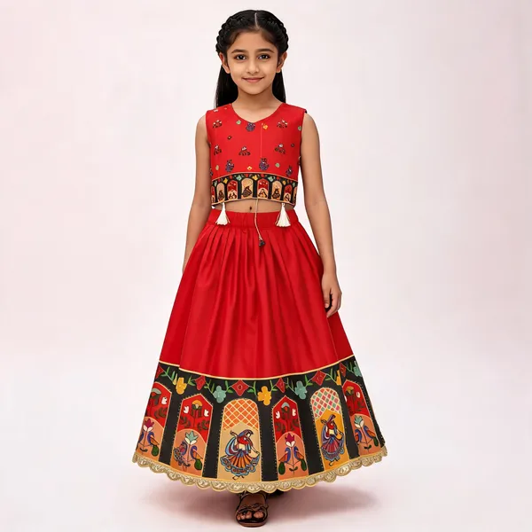 Red_Rayon_Flared_Lehenga_Choli_Set_For_Girls