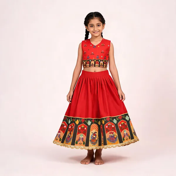 Red_Rayon_Flared_Lehenga_Choli_Set_For_Girls