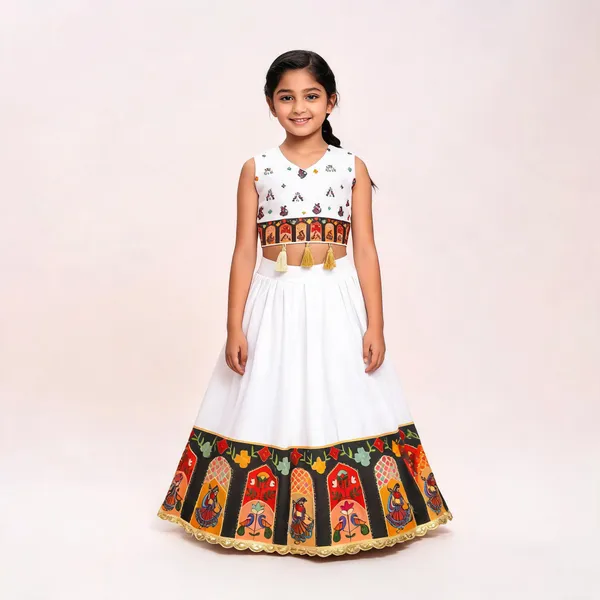 White_Rayon_Printed_Sleeveless_Lehenga_Choli_Set_For_Girls