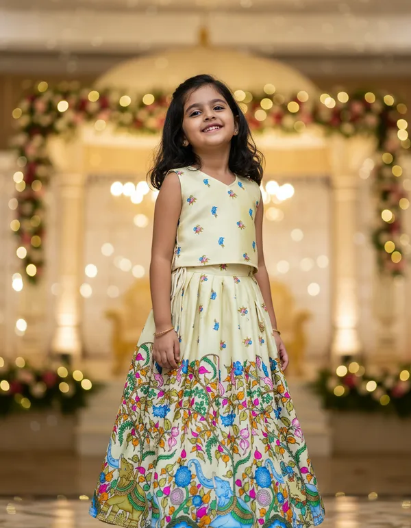 Yellow_Rayon_Floral_Print_Flared_Lehenga_Choli_Set_For_Girls