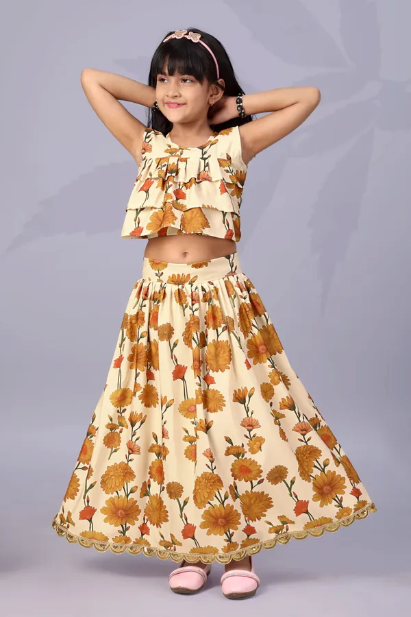 Cream_Rayon_Floral_Print_Sleeveless_Lehenga_Choli_Set_For_Girls