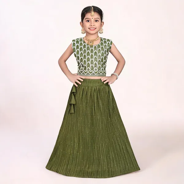 Olive_Green_Georgette_Flared_Lehenga_Choli_Set_For_Girls