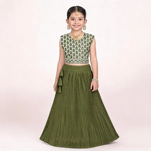 Olive_Green_Georgette_Flared_Lehenga_Choli_Set_For_Girls