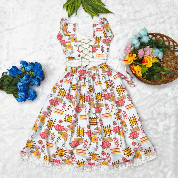 White_Rayon_Floral_Print_Flared_Skirt_Set_For_Girls