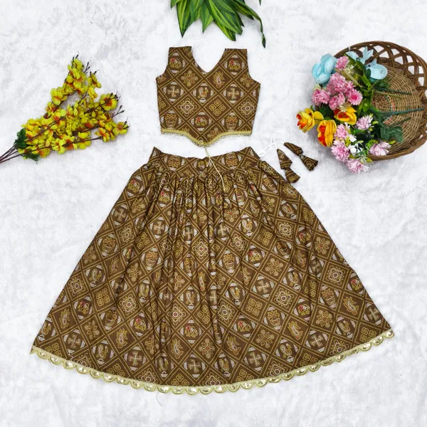 Khaki_Rayon_Flared_Lehenga_Choli_Set_For_Girls