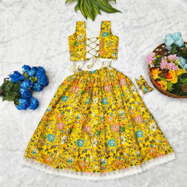 Yellow_Rayon_Floral_Print_Sleeveless_Lehenga_Choli_Set_For_Girls